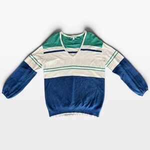Liverpool Los Angeles Womens V-Neck Colorblock Striped Knit Sweater Blue Green M